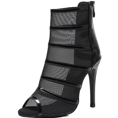 Damen Mesh Stiletto High Heel Stiefel Sommer Sexy Mode Bequeme Offene Zehen High Top Booties Ballsaal Tanz Modern Jazz Latin Professionelle Tanzschuhe Mit Reißverschluss ( Color : Black , Size : 38 ) von QIQOCCR