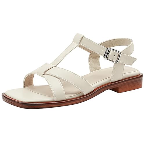 Damen-Sandalen, Flache, Offener Zehenbereich, Slingback, Quadratischer Zehenbereich, Knöchelriemen, Schnalle, T-Riemen, Überkreuzte Riemen, Sandalen, Sommer, Retro, Strand, Lässige Sandalen(Color:Off von QIQOCCR