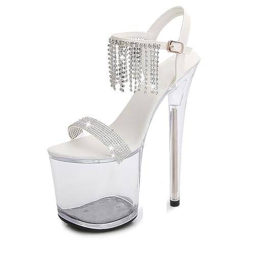 Damen-Sandalen Mit 20 Cm High Heels Stiletto Pump Sexy Strass-Quasten Plattform Knöchelriemen Schnalle Offener Zehenbereich Slingback Pole-Dance-Schuhe Modisch Party Abend Pump Heimkehr ( Color : Whit von QIQOCCR