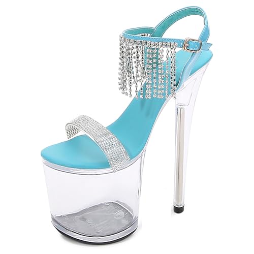 Damen-Sandalen Mit 20 Cm High Heels Stiletto Pump Sexy Strass-Quasten Plattform Knöchelriemen Schnalle Offener Zehenbereich Slingback Pole-Dance-Schuhe Modisch Party Abend Pump Heimkehr ( Color : Blu von QIQOCCR