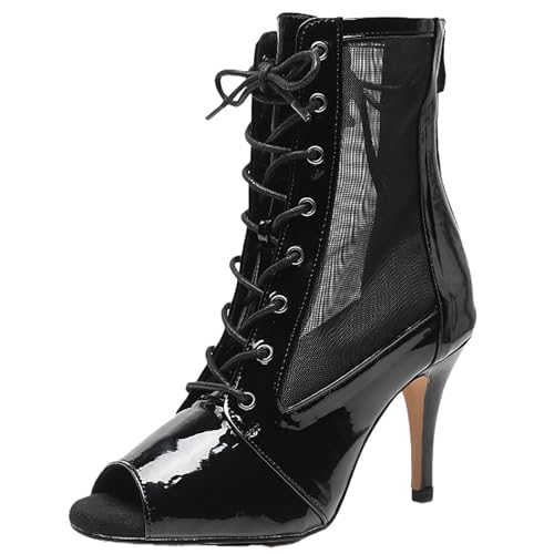 Damen Stiletto High Heel Professionelle Tanzsandalen Stiefel Sexy Bequeme Mesh Peep-Toe High Top Schnürstiefel Mittelkalb Stiefel Modern Jazz Latin Ballroom Dance Schuhe Mit Reißverschluss (Color : B von QIQOCCR