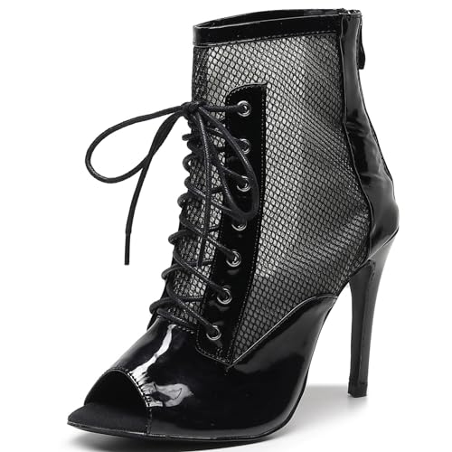 Damen Stiletto High Heel Stiefel Sexy Bequeme Mesh Peep-Toe High Top Schnürstiefel Modern Jazz Latin Ballroom Dance Professionelle Tanzsandalen Schuhe Mit Reißverschluss (Color : Black, Size : 38) von QIQOCCR