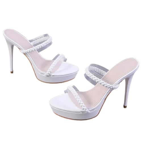 Damen-Stiletto-High-Heels-Sandalen, Sexy, Bequem, Freizeit , Slip-on, Offener Zehen Plattform Ein Band Transparent Geflochten Fesselriemen Absatzschuhe Sommer-Party Abend Pumps Abschlussball-Schuhe ( von QIQOCCR