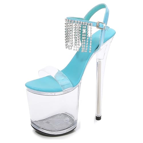 Damen-Stiletto-Sandalen Mit 20 Cm Pumps Sexy Strass-Quasten Plattform Transparent Knöchel Riemchenschnalle Offener Zehenbereich Slingback Pole-Dance-Schuhe Modisch Party Abend Pump Heimkehr ( Color : von QIQOCCR