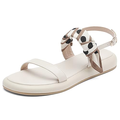 Flache Damen-Sandalen Mit Rundem Zehenbereich, Offener Zehenbereich, Slingback, Niedliches Band, Spleißen, Riemen, Schnalle, Ein Band, Studenten-Sandalen, Sommer-Freizeitsandalen(Color:Off white,Size: von QIQOCCR