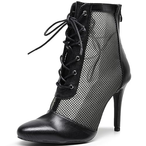 Professionelle Tanz-Stiletto-Stiefel Mit Hohem Absatz Für Damen Sexy Bequem Mesh Schnürschuhe Mittelhohe Stiefel Ballsaal-Tanz Moderner Jazz Lateinamerikanische Schuhe Mit Reißverschluss ( Color : Bla von QIQOCCR