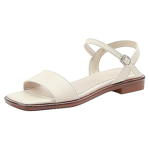 QIQOCCR Damen Flache Sandalen One Band Open Toe Knöchelriemen Schnalle Sandalen Sommer Retro Strand Casual Sandalen(Color:Off white,Size:38) von QIQOCCR