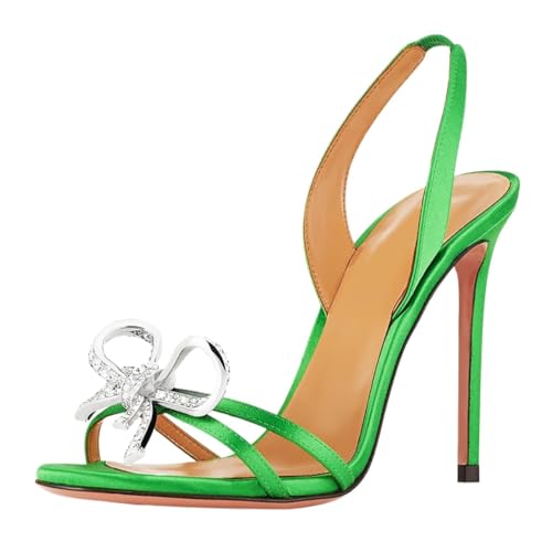 QIQOCCR Damen Große Größe Strass Schleife Stiletto High Heels Sandale Knöchelriemen Hochzeitsbankett Party Sommerkleid Schuhe (Color : Green, Size : 38) von QIQOCCR