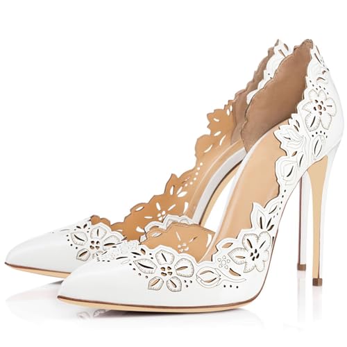 Damen-Sandalen, Große Größe, Spitze Zehenpartie, Aushöhlen, Lackleder, Stiletto-High-Heels, Sandale, Slip-On, Hochzeit, Bankett, Party, Sommerkleid (Color : White, Size : 39) von QIQOCCR