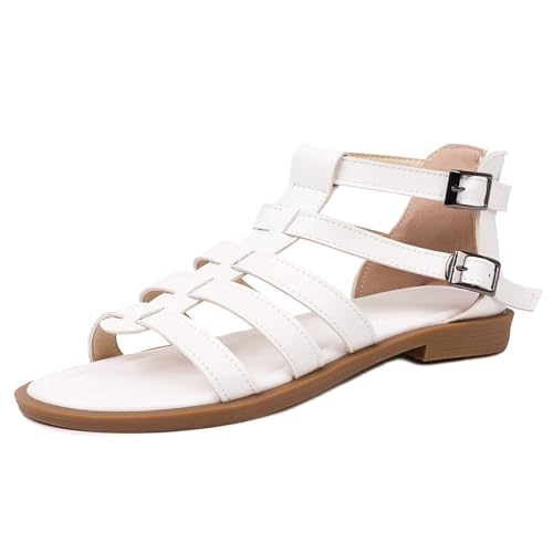 QIQOCCR Damen-Sandalen Mit Flache Fischmaul Und Offener Zehenbereich, Student, Preppy-Stil, T-Riemen, Knöchelriemen, Schnalle, Sandalen, Sommer, Strand, Freizeitsandalen(Color:White,Size:38) von QIQOCCR