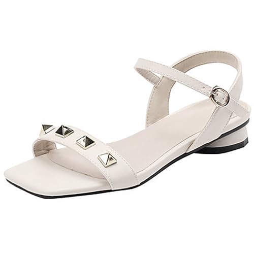 QIQOCCR Damen-Sandalen Mit Flache Niet, Ein Band, Slingback, Offener Zehenbereich, Knöchelriemen, Schnalle, Sommermode, Lässige Sandalen(Color:Off white,Size:40) von QIQOCCR