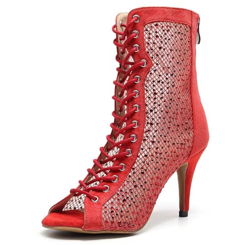 QIQOCCR Damen-Stiletto-High-Heel-Stiefel Sexy Modisch Bequem Mit Strasssteinen Kreuzriemen Offene Zehen Jazz-Latin-Pole-Dance-Schuhe Mit Reißverschluss Hinten (Color : Rosso, Size : 39) von QIQOCCR