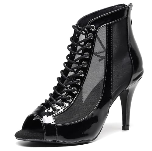 QIQOCCR Damen-Stiletto-High-Heel-Stiefel Sexy Modisch Bequem Open Toe Schnürschuhe Jazz, Latin, Pole Dance, Kurze Stiefel Mit Reißverschluss (Color : Black, Size : 38) von QIQOCCR