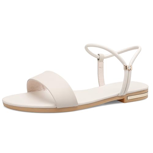 QIQOCCR Flache Damen-Sandalen Aus Rindsleder Mit Offener Zehenbereich, Slingback-Knöchelriemen Und One Band, Lässige Strandsandalen(Color:Off white,Size:39) von QIQOCCR