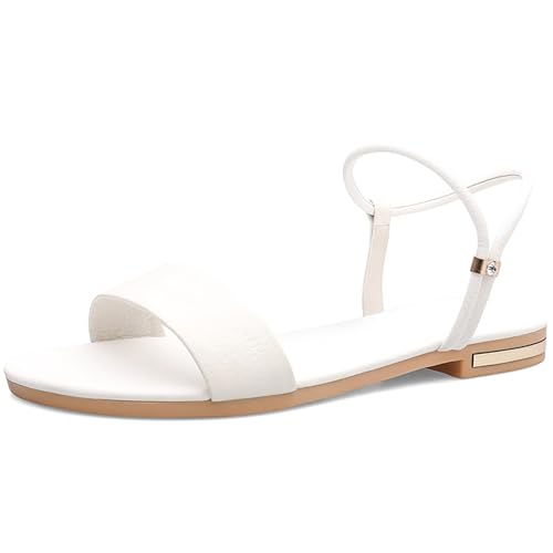 QIQOCCR Flache Damen-Sandalen Aus Rindsleder Mit Offener Zehenbereich, Slingback-Knöchelriemen Und One Band, Lässige Strandsandalen(Color:White,Size:39) von QIQOCCR