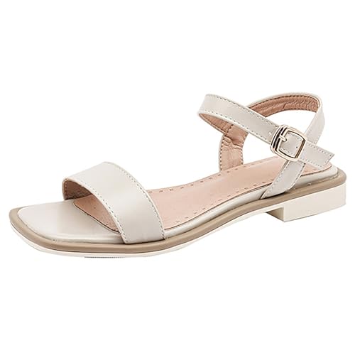 QIQOCCR Flache Damen-Sandalen Mit Offener Zehenbereich, Slingback-Knöchelriemen, Schnalle, Schnürschuhe, Retro-Strandsandalen(Color:White,Size:39) von QIQOCCR