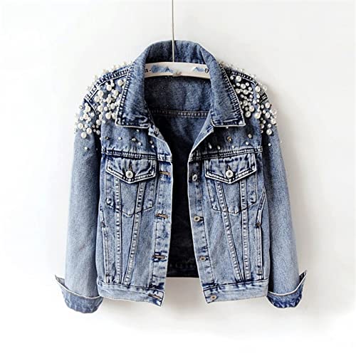 Jeansjacke Für Damen - Einfarbige Perlen Elastizität Denim Jacke, Loose Big Pocket Wasser Waschen Lange Ärmel Kurze Frauen Oberbekleidung, Casual Einreihigkeit Slim Fit Streetwear Jacke, Blau, S Jeansjacke Für Damen - Einfarbige Perlen Elastizität Denim Jacke, Loose Big Pocket Wasser Waschen Lange Ärmel Kurze Frauen Oberbekleidung, Casual Einreihigkeit Slim Fit Streetwear Jacke, Blau, S von QIUFEN