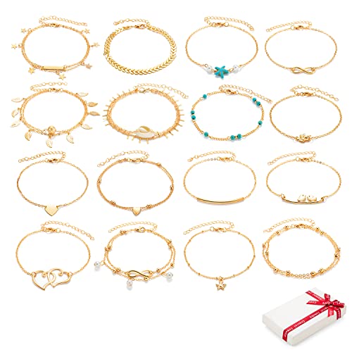 16 Stück Boho Fußkettchen Set Gold für Damen Kinder Mädchen Frauen Frau, Verstellbare Strand Barfuß Knöchel Ketten Fußkette Fußband Fussketterl Armbänder Fuß Schmuck Geschenke für Urlaub Geburtstag von QIUJUNDE