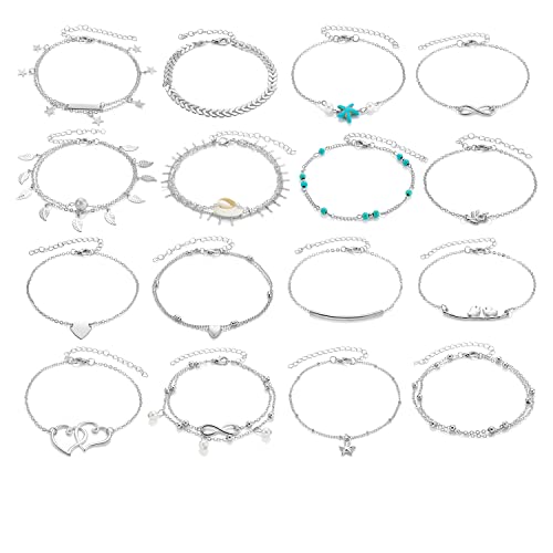 16 Stück Boho Fußkettchen Set Silber für Damen Kinder Mädchen Frauen Frau, Verstellbare Strand Barfuß Knöchel Ketten Fußkette Fußband Fussketterl Armbänder Fuß Schmuck Geschenk für Urlaub Geburtstag von QIUJUNDE