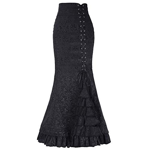 Damen Viktorianischer Steampunk Geraffter Gothic Vintage Lace Up Stufig Rüschen Fischschwanz Meerjungfrau Maxi Rock Frauen Punk Stil Retro Lang Bodycon Rock mit Spitze von QIUhhpuy