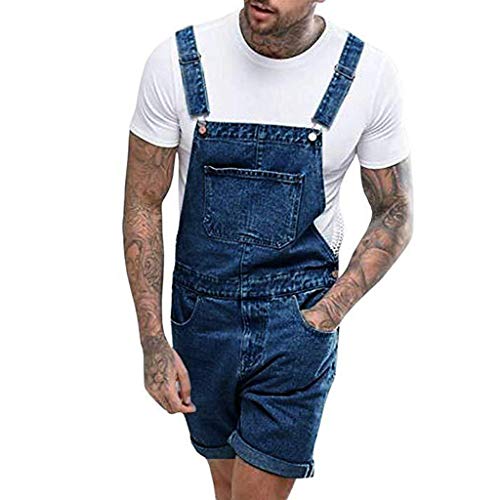 Latzhosen Herren Jeans Kurz Jumpsuit Männer Sommer Denim Overall Hose Verstellbare Lässige Loose Fit Strampler Overalls Workwear Pants Cargohosen Street Distressed Denim Latzhose (Dunkelblau, XL) von QIUhhpuy