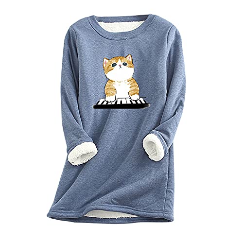 Pullover Damen Winter Fleece Bluse Katze 3D Druck Bedruckte Warme Wollpullover Sweatshirt Winterpullover Fleecepullover Thermo Langarm Fleece Pullover Gefütterte Oberteile Tunika Langarmshirt Tops von QIUhhpuy