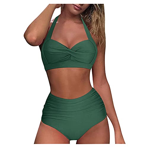 QIUhhpuy Damen Cross Back Badeanzüge Twist Front Bademode Bikini Sets Zweiteiliger Swimsuit Halter Bikinioberteil mit Vorderseitigem Knoten Hoch Taillierte Tankini Hose mit Leichten Rüschen von QIUhhpuy