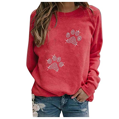 QIUhhpuy Damen Hoodie Kapuzenpullover Glitzer Vier Pfoten Tatzen Hund Kristall Hundes Dog mit Pfote Kristall Lässiges Damen T-Shirt mit Diamantbesetztem Hundepfoten-Print Oben Pullover von QIUhhpuy