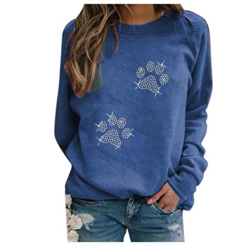 QIUhhpuy Damen Hoodie Kapuzenpullover Glitzer Vier Pfoten Tatzen Hund Kristall Hundes Dog mit Pfote Kristall Lässiges Damen T-Shirt mit Diamantbesetztem Hundepfoten-Print Oben Pullover von QIUhhpuy