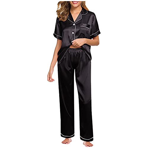 QIUhhpuy Damen Pyjama Set, Einfarbig Pyjama Set Kurzarm Nachtwäsche aus Satin-Seide Schlafanzug für Damen mit Knopfleiste Zweiteiliger Anzug Set Elegant Schlafanzughose Schlafanzugoberteile von QIUhhpuy