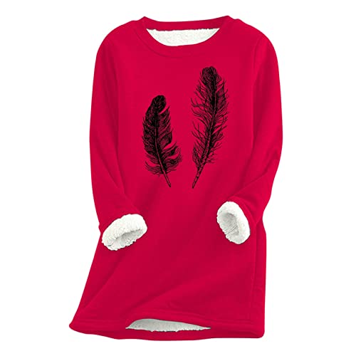 QIUhhpuy Fleece Pullover Damen Winter Bluse Langarmshirt Feather Bedruckte Warme Thermo Sweatshirt Fleecepullover Winterpullover Wollpullover Langarm Pullover Gefütterte Oberteile Tunika Tops von QIUhhpuy