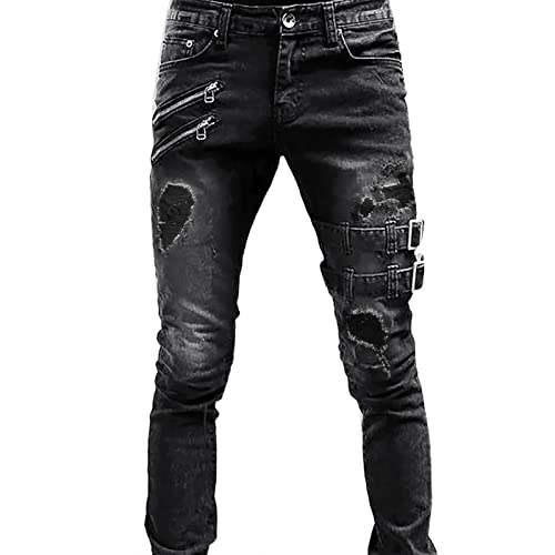 QIUhhpuy Jeans Herren Zerrissene Jeans Slim Fit Herren Motorradjeans Lokomotive Löcher Persönlichkeit Jeanshose Freizeithose Motorrad-Jeans Motorrad Hose Motorradhose von QIUhhpuy