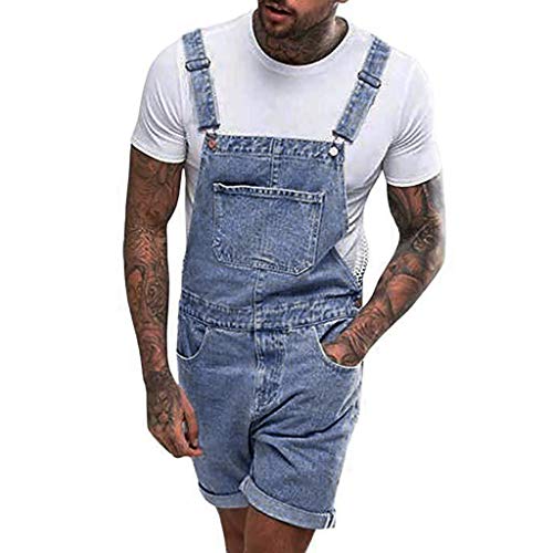 QIUhhpuy Latzhosen Herren Jeans Kurz Jumpsuit Männer Sommer Denim Overall Hose Verstellbare Lässige Loose Fit Strampler Overalls Workwear Pants Cargohosen Street Distressed Denim Latzhose (Blau, XXL) von QIUhhpuy