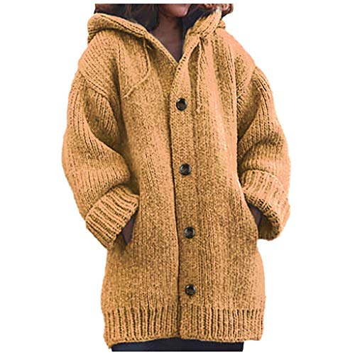 QIUhhpuy Strickjacke Damen Cardigan Grobstrick mit Kapuze gefüttert Outwear Langarm für Gestrickt Winterjacke warm Herbst Und Winter Strickpullover Mittellanger Mantel, Top, Casual (Orange, M) von QIUhhpuy