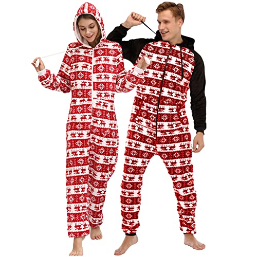 QIYUANT Weihnachts Pyjamas Onesie Flanell Fleece Paar Passende Einteiler Schlafanzug Reißverschluss Herbst Winter Frühling Warm Jumpsuit Hausanzug mit Taschen (Damen Rot L) von QIYUANT