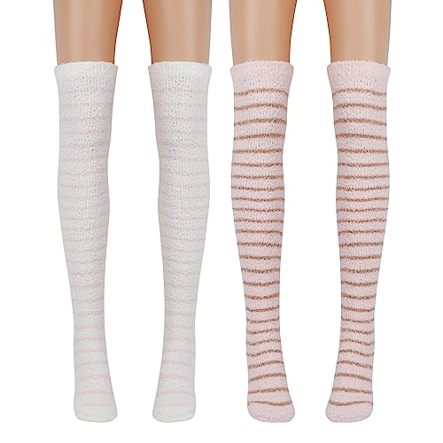 QKURT 2 Paar Oberschenkelhohe Socken, Flauschige Kniestrümpfe Überkniestrümpfe Damen Mädchen Korallenfleece Warmer Strumpf für den Winter von QKURT