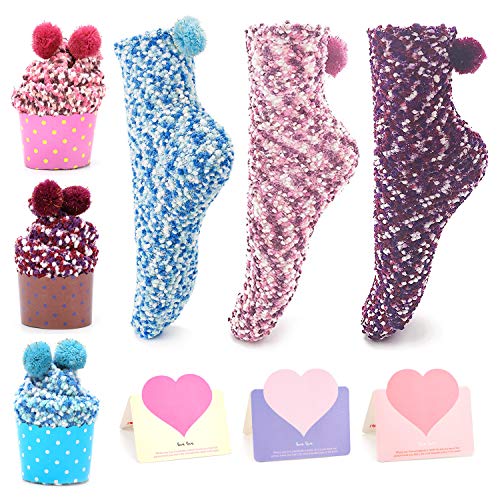 QKURT 3pcs Lustige Kuchen Socken, Cupcakes Design Mädchen Socken Weihnachtssocken mit Geschenkbox 3pcs Geschenkkarten zum Geburtstag von QKURT