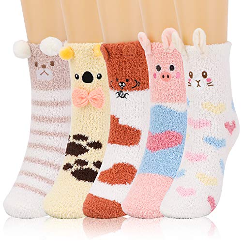 QKURT 5 Paar Damen Kuschelsocken, Frauen Bettsocken Kuschel Flauschig Weiche Socken Haussocken Mädchen Warme Wintersocken Damen Socken Haussocken von QKURT