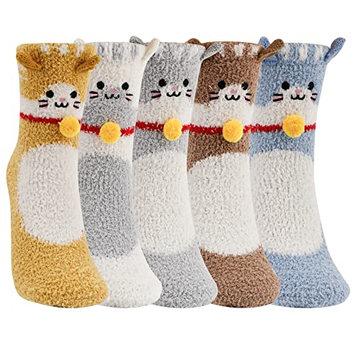 QKURT 5 Paar Flauschige Damensocken, Neuartiges Katzenmuster Damen, Winter Weiche Warme Socken korallenrote Fleece-Bettsocken Durchdachte Weihnachtsgeschenke für Frauen, Mädchen von QKURT