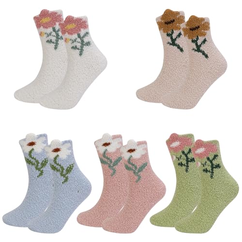 QKURT 5 Paar flauschige Socken für Damen, Warme gemütliche Socken mit Blumenmuster, Weiche Flauschige Socken, Schlafsocken, Weihnachtsstrumpffüller für Damen und Mädchen von QKURT