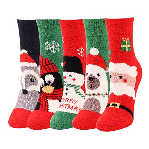 QKURT 5 Paar flauschige Weihnachtssocken, flauschige Socken Bettsocken Zuhause Weihnachtssocken Winter warm weich bequem dick kuschelig Hausschuhe für Mädchen und Damen von QKURT