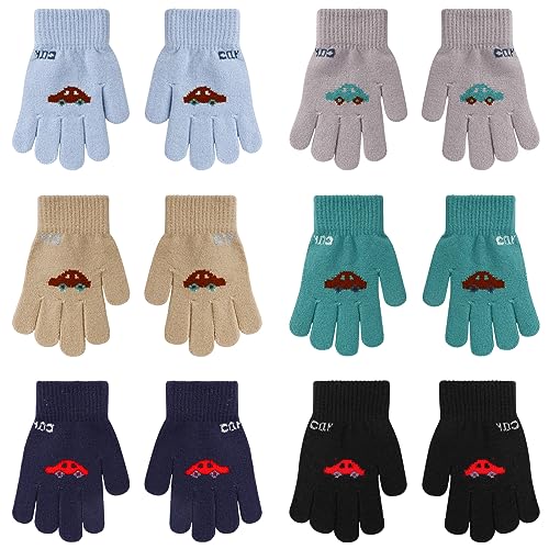 QKURT 6 Paar Kinderhandschuhe für Jungen und Mädchen im Alter von 4-10 Jahren, Magische Handschuhe Cartoon-Autohandschuhe, Winterhandschuhe dehnbare Strickfäustlinge für Outdoor, Radfahren, Pendeln von QKURT