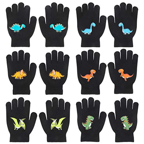 QKURT 6 Paar Magische Handschuhe für Kinder, Winterthermische Handschuhe Vollfinger Kinderhandschuhe Dinosaurier/Baggermuster für Jungen Mädchen von QKURT