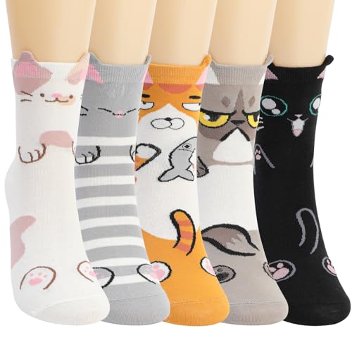 QKURT Damensocken, 5 Paar Baumwollsocken Lustige Cartoon-Katzensocken Gemütliche Crew-Söckchen Alltägliche Freizeitsocken für Mädchen im Teenageralter, Damen von QKURT