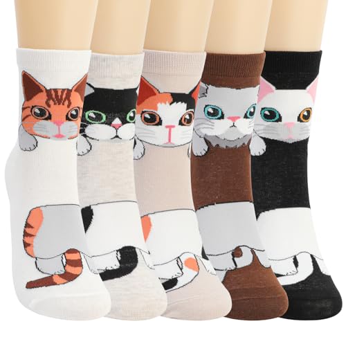 QKURT Damensocken, 5 Paar Baumwollsocken Lustige Cartoon-Katzensocken Gemütliche Crew-Söckchen Alltägliche Freizeitsocken für Mädchen im Teenageralter, Damen von QKURT