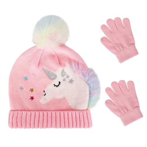 QKURT Kinder Strickmütze Handschuhe Set, Winter Warm Beanie Handschuhe Set Set mit Thermisch gefütterten Mützenfäustlingen Einhorn-Muster für 3 bis 5 Jahre alte Kinder von QKURT