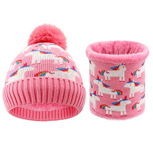 QKURT Kinder Winter Beanie Snood Set, Kinder Strickmütze mit Einhorn-Muster Halswärmer mit dickem Fleece Kleinkind Winter-Accessoires Sets geeignet für 2-6 Jahre alt von QKURT