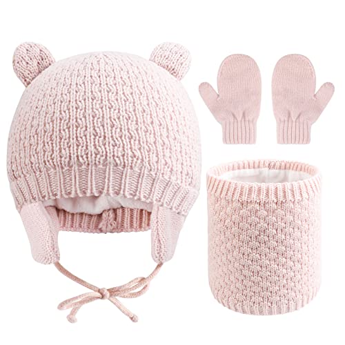 QKURT Kinder Winter Warm Beanie Mützen Snood Handschuhe Set, 3 in 1 Verdicken Fleece Thermo Kleinkind Mütze Schal Fäustlinge Set Geeignet für Jungen und Mädchen im Alter von 1-3 von QKURT