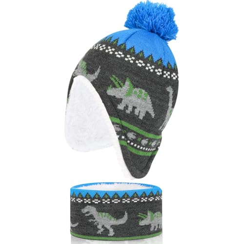 QKURT Mütze und Schal für Jungen, warmer Strickschal für Kleinkinder für den Winter, Mütze mit Bommel, Mütze mit Ohrenklappe, Sets für kaltes Wetter für Kinder von 1-4 Jahren QKURT Mütze und Schal für Jungen, warmer Strickschal für Kleinkinder für den Winter, Mütze mit Bommel, Mütze mit Ohrenklappe, Sets für kaltes Wetter für Kinder von 1-4 Jahren von QKURT