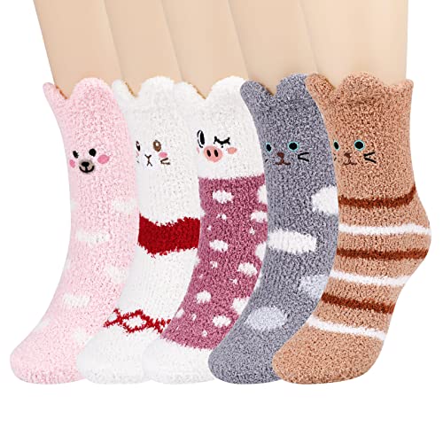 QKURT flauschige Socken für Frauen Mädchen, 5 Paar warme kuschelige Socken süße Tierbettsocken Thermische Fuzzy Schlafsocken für den Winter von QKURT